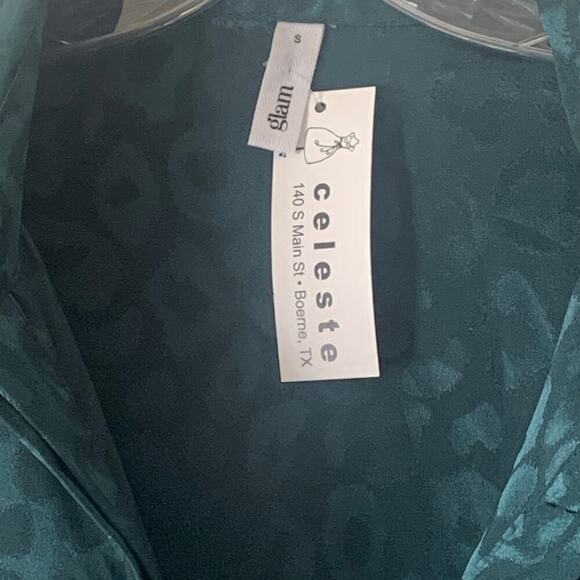 Glam Dark Green Leopard Print LS V-Neck Blouse Oversize Small New with Tags - Picture 5 of 9